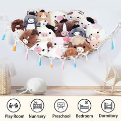 Yewiwin beige nursery decor hammock storage keeps stuffed animals neatly within reach.