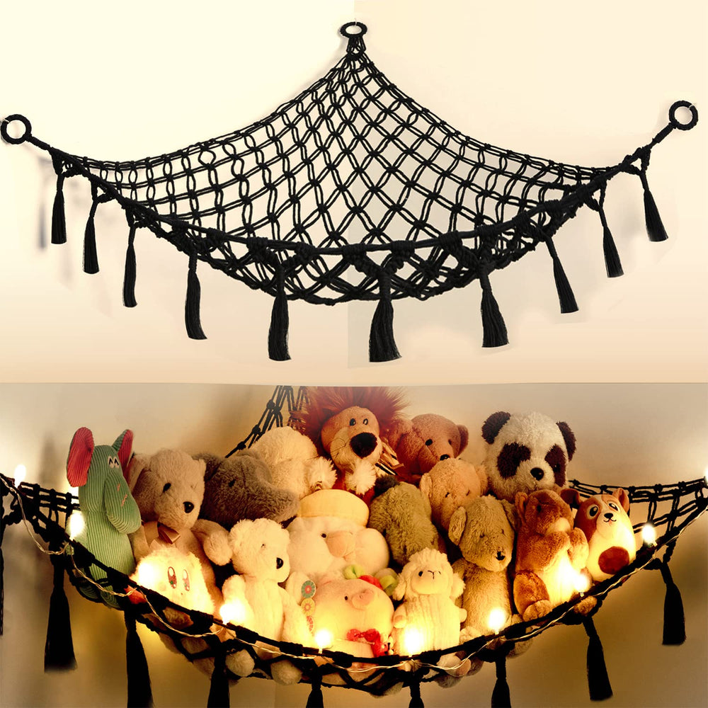 Yewiwin stuffed animal organizer macrame hammock mounted on wall saves space while showcasing toys.