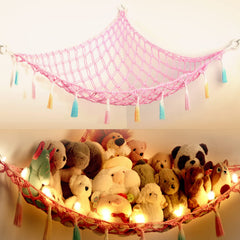 Yewiwin stuffed animal net hammock with light in pink keeps toys organized and decorative.