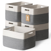 Yilobi 5-pack cotton rope baskets for toy storage on shelves.