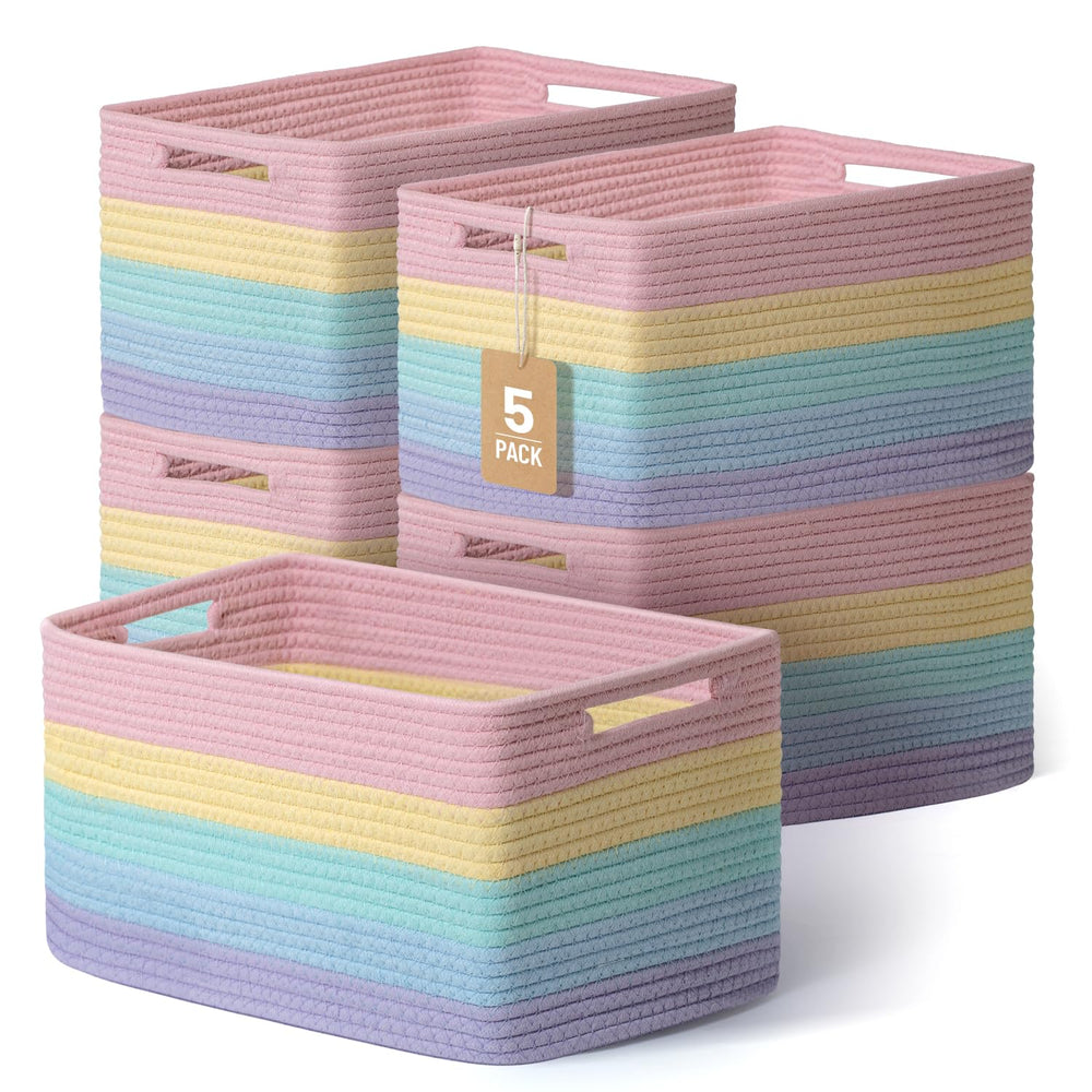 Yilobi rainbow woven storage baskets on shelf for toy organization and colorful decor