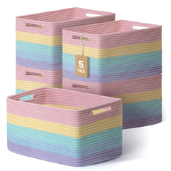 Yilobi rainbow woven storage baskets on shelf for toy organization and colorful decor