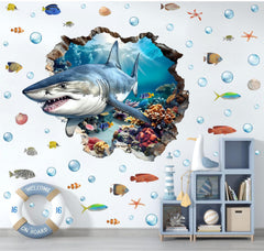 YIMEHDAN 3D shark wall decal assembly shows vibrant ocean scene for kids room