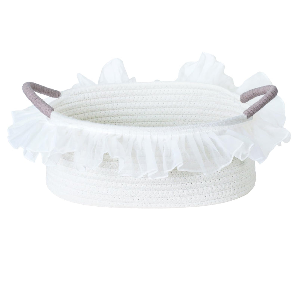 Yimi's Dream cotton rope gift basket with white lace highlights sturdy storage and elegant gifting.