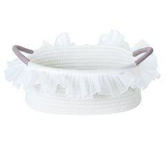 Yimi's Dream cotton rope gift basket with white lace highlights sturdy storage and elegant gifting.