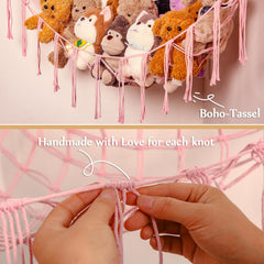 YKBU macrame stuffed animal holder showcasing space-saving toy organization