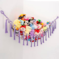 YKBU stuffed animals hammock corner net in purple shows space-saving display
