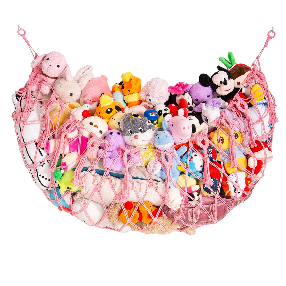 YKBU wall-mounted plush hammock displaying stuffed animals and freeing floor space.