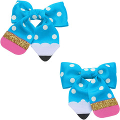 YKW blue polka dot pencil bow clip seen from front for cute school style