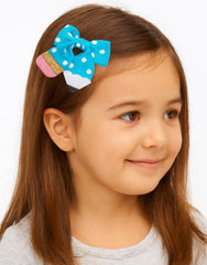 YKW blue polka dot pencil bow clip on hair demonstrates versatile school-ready accessory