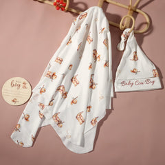 Ylsteed swaddle blanket folded to show compact 32x32 inch size