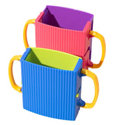 Ynotus baby juice box holder blue front view prevents spills and supports independent sipping.