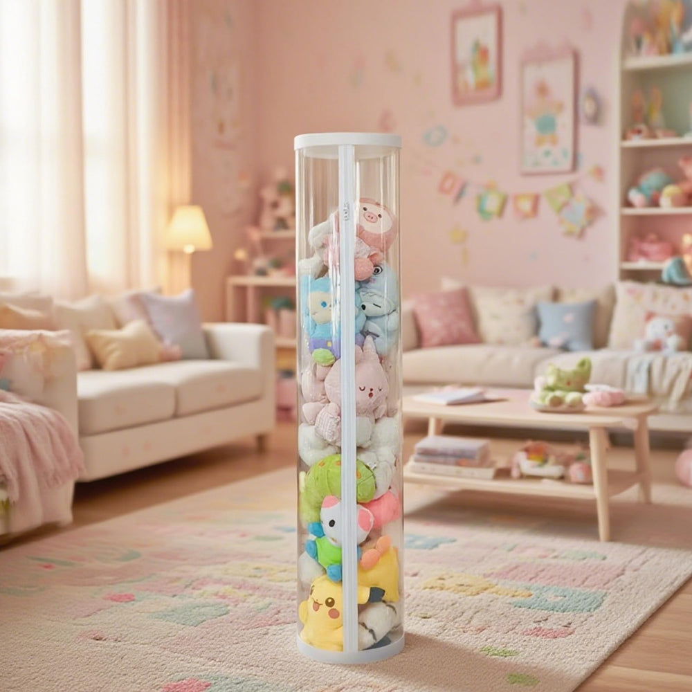 YOAIQIV stuffed animal storage tube tall profile saves space and tidies plush toys.