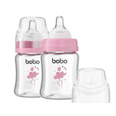 YOHKOH glass baby bottle front view shows clear, BPA-free glass for healthy, monitorable feeding.