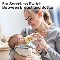 YOHKOH glass baby bottle wide-neck design for easy filling and cleaning.