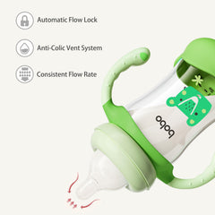 YOHKOH gravity-ball design bottle demonstrates sip-at-will feeding with stable bottom.