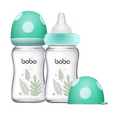 YOHKOH natural glass baby bottle blue 2-pack packaging, convenient for gifting and storage.