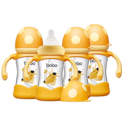 YOHKOH natural glass baby bottle nipple closeup showing smooth flow for calm feeds