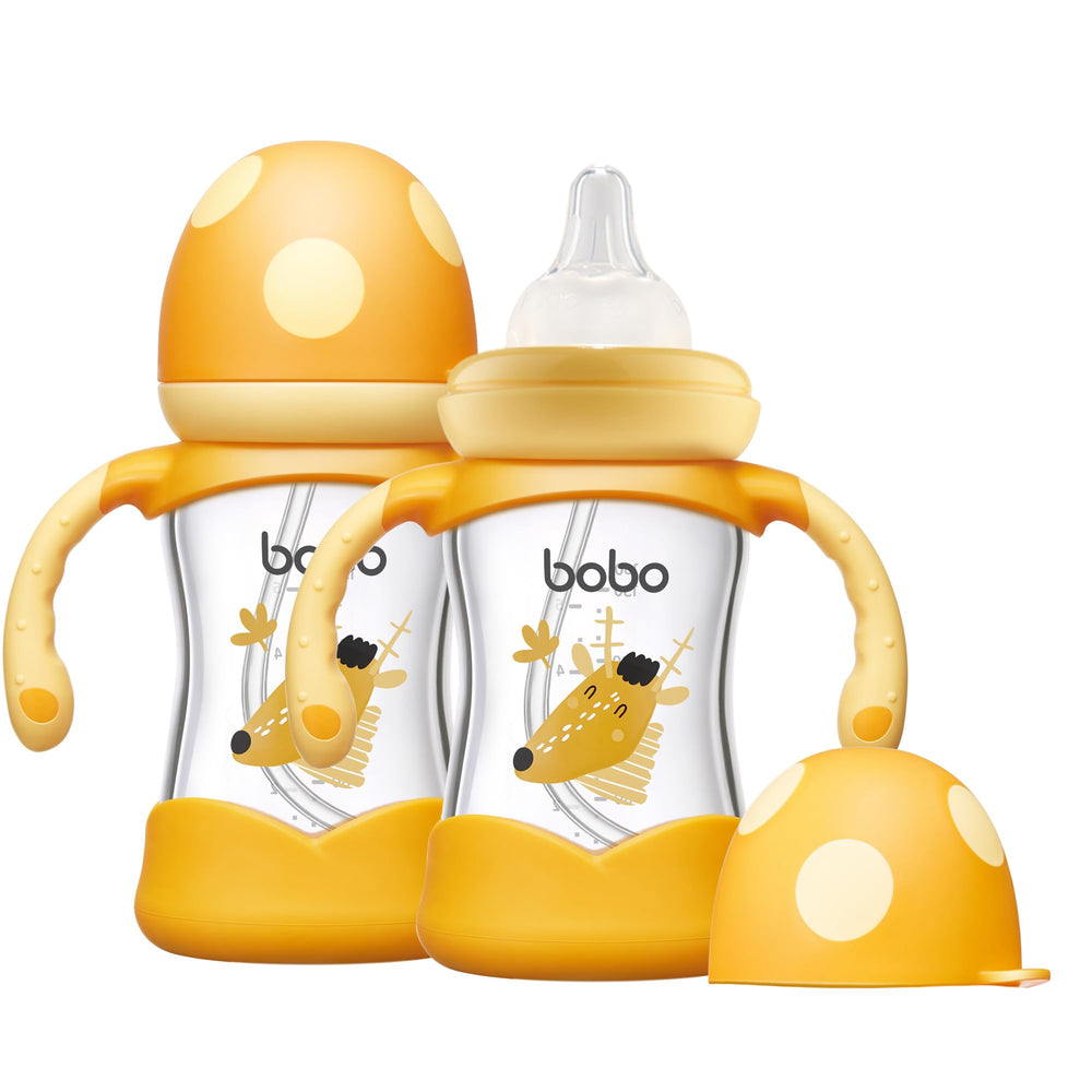 YOHKOH natural glass baby bottle with wide neck and handle for easier feeding.