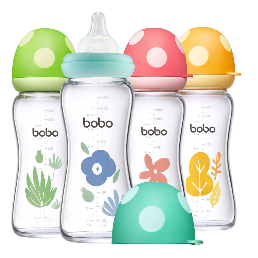 YOHKOH natural glass baby bottle with wide neck and mushroom cap promotes easy cleaning.