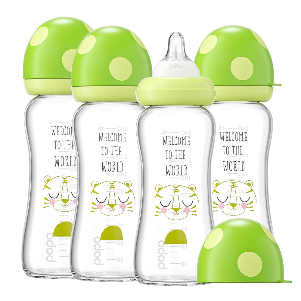 YOHKOH natural glass baby bottle with wide neck and mushroom shape for easy filling and cleaning.