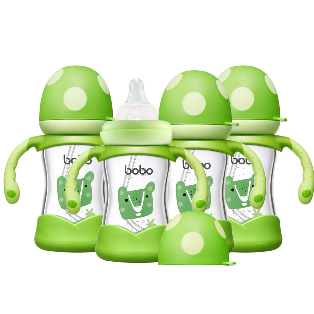 YOHKOH natural glass baby bottle with nipple shows clear milk flow for easy feeding.