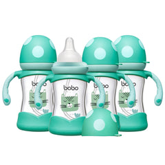 YOHKOH natural glass baby bottle with nipple shows clear glass for easy visibility during feeding.