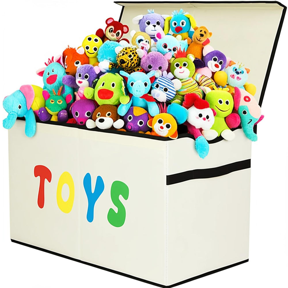 YOLOXO Toy Box Chest front view in new beige demonstrates spacious toy storage.