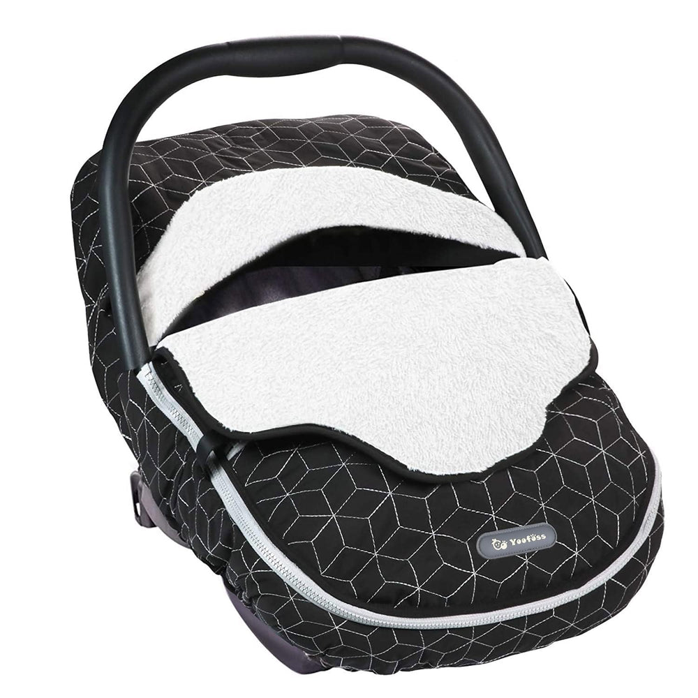 Yoofoss baby car seat cover winter hood closed keeps baby warm outdoors.