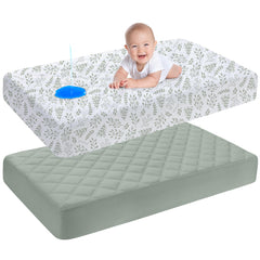 Yoofoss crib mattress protector closeup shows snug standard crib fit