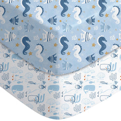 Yoofoss crib sheets in underwater world pattern provide ultra-soft comfort for baby sleep.