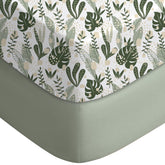 Yoofoss green banana leaves crib sheet close-up on bed for visual texture and pattern
