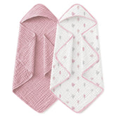 Yoofoss hooded baby towel pink leaf closeup showing ultra-soft muslin for gentle baths.