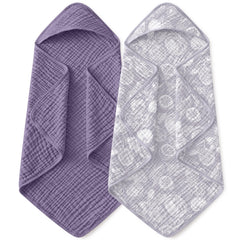 Yoofoss hooded baby towels 2-pack front view shows ultra-soft muslin fabric for gentle post-bath drying.