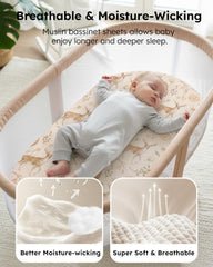 Yoofoss Muslin Bassinet Sheet snugfit elastic edge demonstrates secure, quick-change fit.