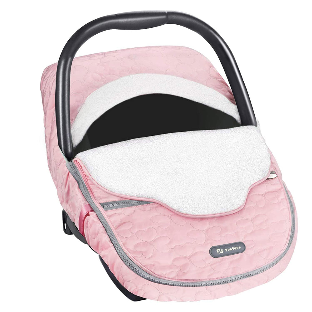 Yoofoss winter car seat cover front view shows cozy pink fleece warmth