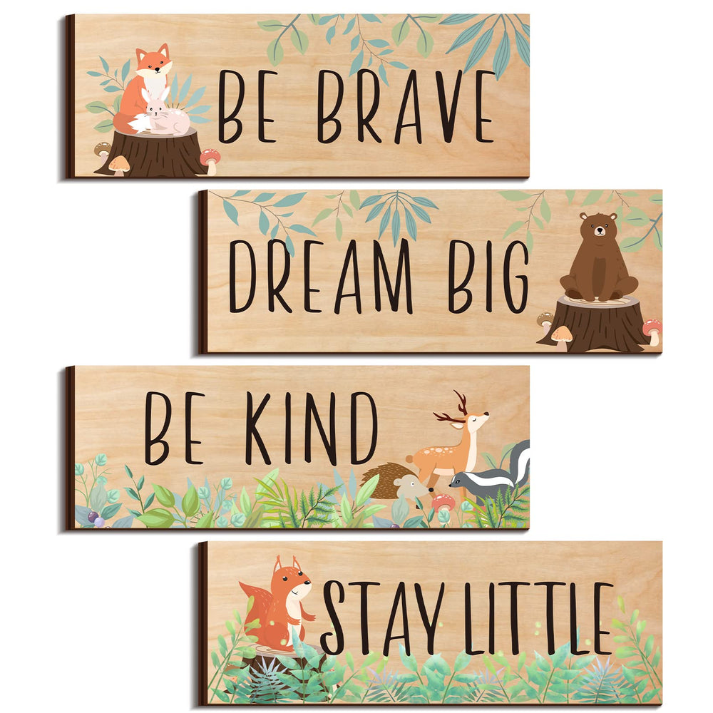 Yookeer woodland nursery wall art four-piece set adds bright rustic charm to a kid's room.