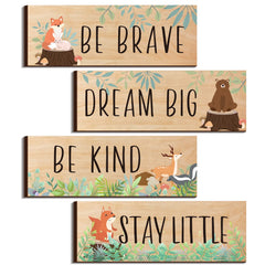 Yookeer woodland nursery wall art four-piece set adds bright rustic charm to a kid's room.