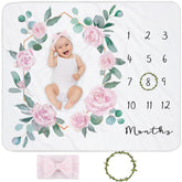 Yoothy milestone blanket with floral wreath enables monthly growth photo sessions