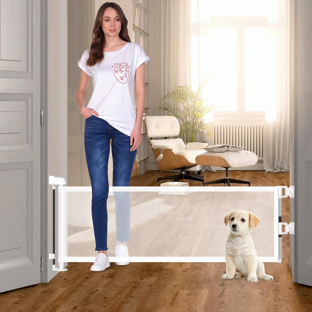YORWHIN 14h short dog gate extended shows a wide, secure barrier for small dogs.