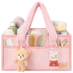 YOSING Diaper Caddy in pink fabric keeps baby essentials neatly within reach for quick diaper changes.