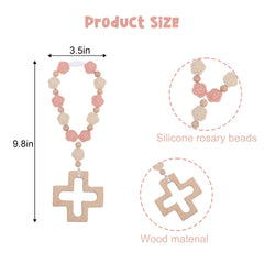 YOUAME wood cross detail on baptism rosary highlights natural craft touch.