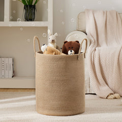 YOUDENOVA jute hamper side view demonstrates slim tall profile ideal for bedrooms
