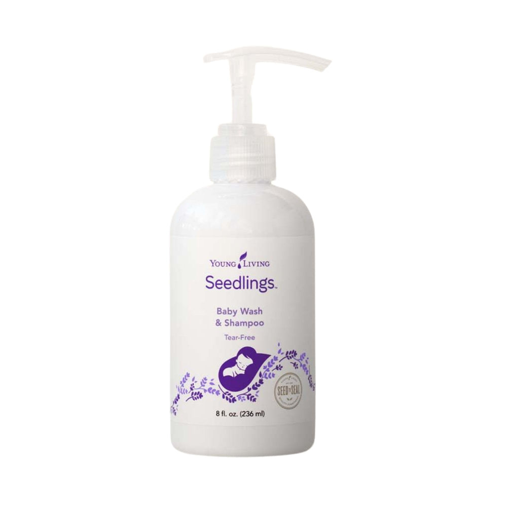 Young Living Seedlings baby wash bottle showing gentle cleansing for delicate skin and hair.
