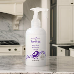 Young Living Seedlings baby wash lather on baby's hair, mild and tear-free.