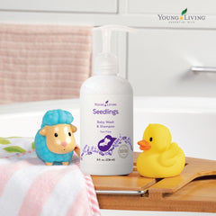 Young Living Seedlings bottle pour demonstrates easy-to-pour design for smooth bath time.