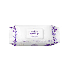 Young Living Seedlings Baby Wipes packaging showing 72 wipes and resealable lid for on-the-go care