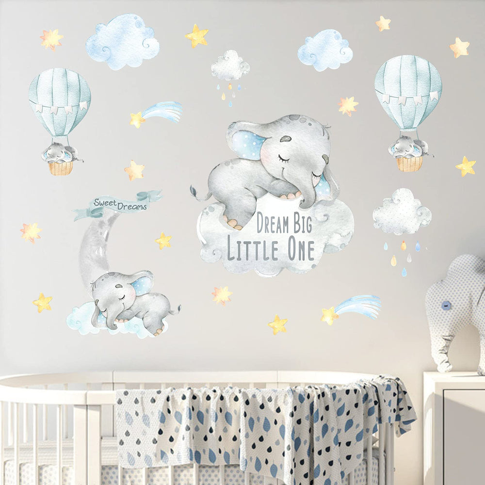 Yovkky blue watercolor boy elephant wall decal on nursery wall for dreamy DIY decoration