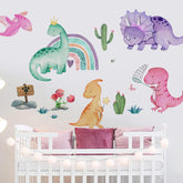 Yovkky watercolor girls dinosaur wall decal closeup shows vibrant nursery decor