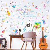 Yovkky Watercolor Music wall decal applied to wall with bright musical notes for a playful room.